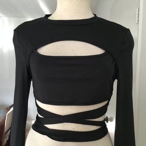 SHEIN Cropped Top Tank Cutout Long Sleeve Criss Cross Tie Stretchy Black M